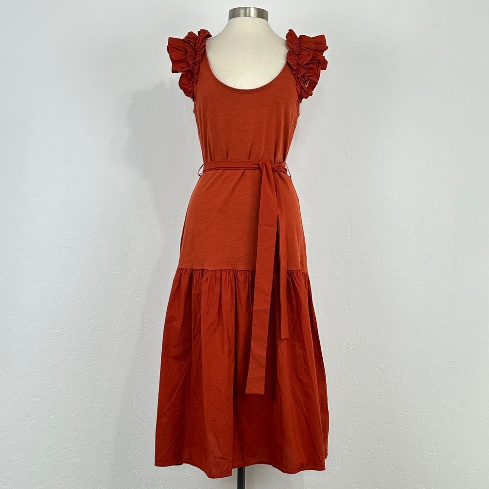 Nation LTD Everleigh Frilly Ruffle Belted Midi Dress Sz Medium Boho Rust Orange